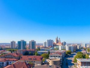 Oraș vibrant cu clădiri moderne și zone rezidențiale.