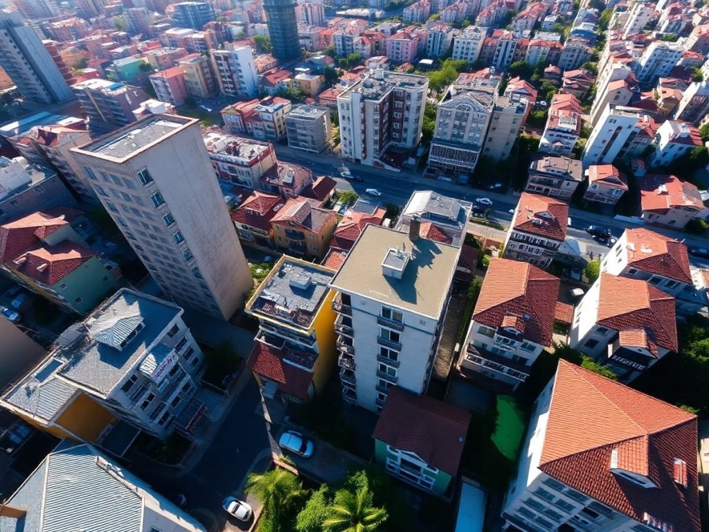 Imagini aeriene ale clădirilor dintr-un oraș vibrant.