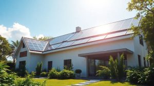 Casă ecologică modernă cu panouri solare și vegetație.