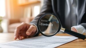 Mâini ținând contract de închiriere cu lupă deasupra.